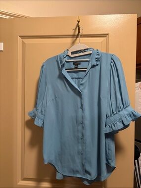Ann Taylor Blue Ruffle Sleeve Button-Up Blouse
